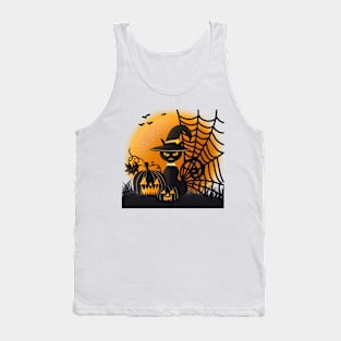 Halloween Cat With Pumpkin & Spooky Spiderweb Tank Top